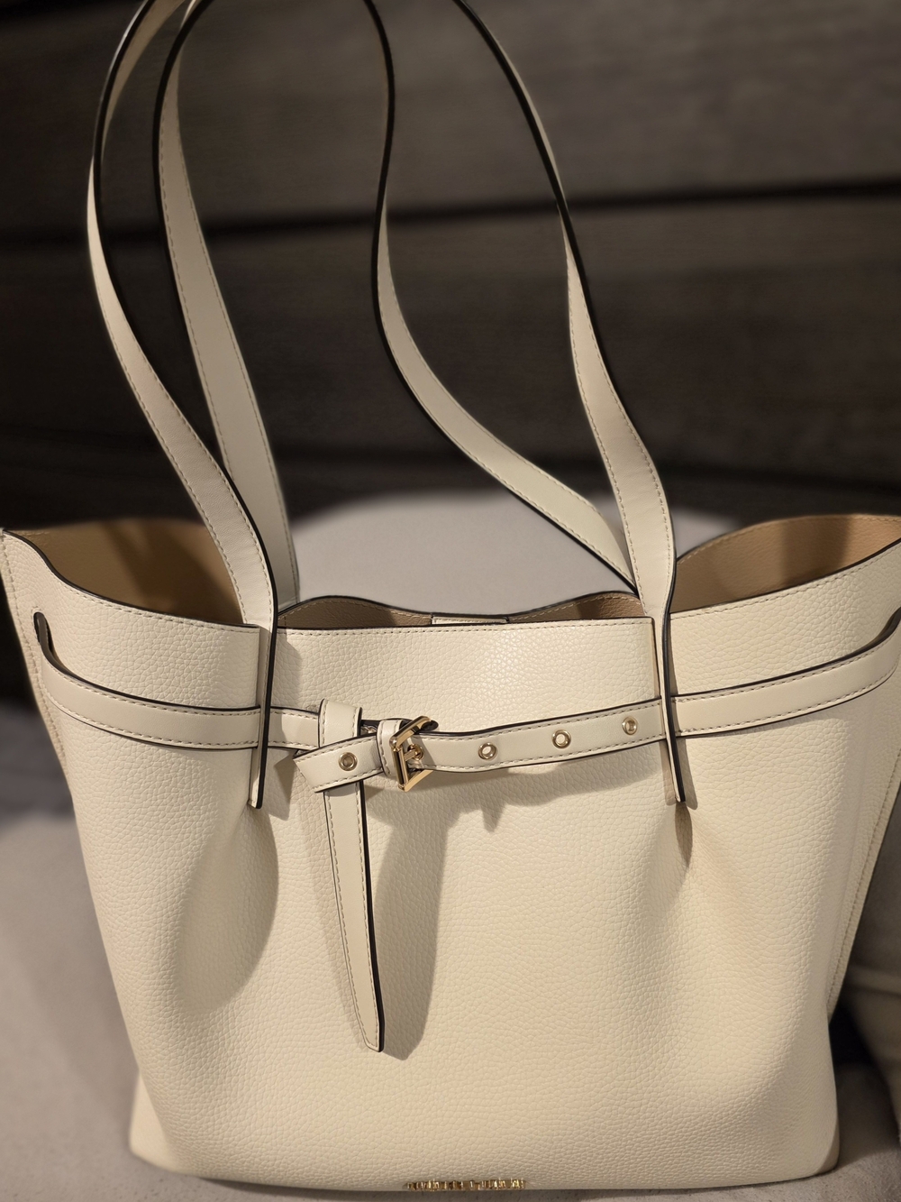 MICHAEL Michael Kors Cream Leather Tote with Gold Buckle Accent